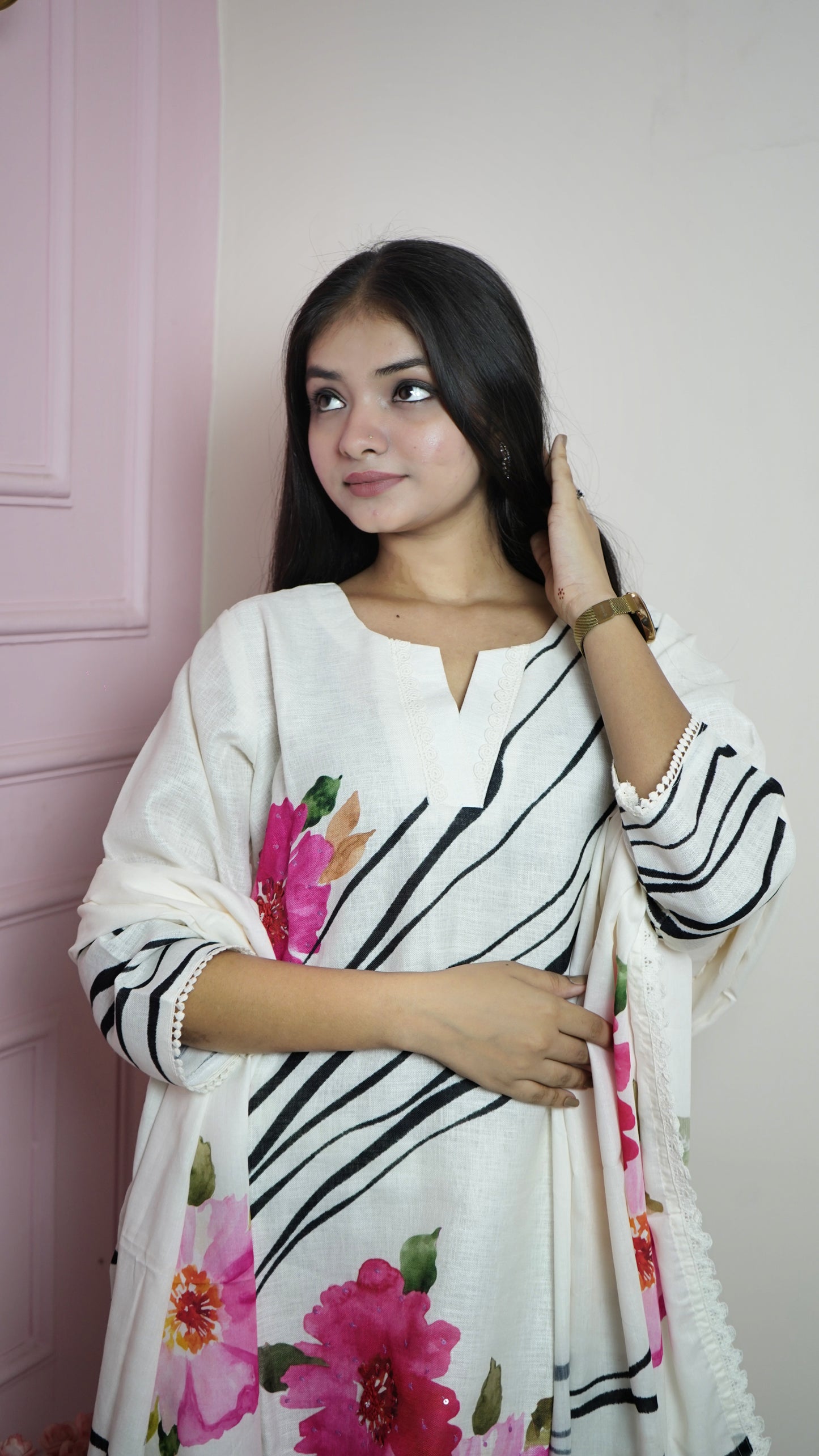 White Cotton Printed Suit Set