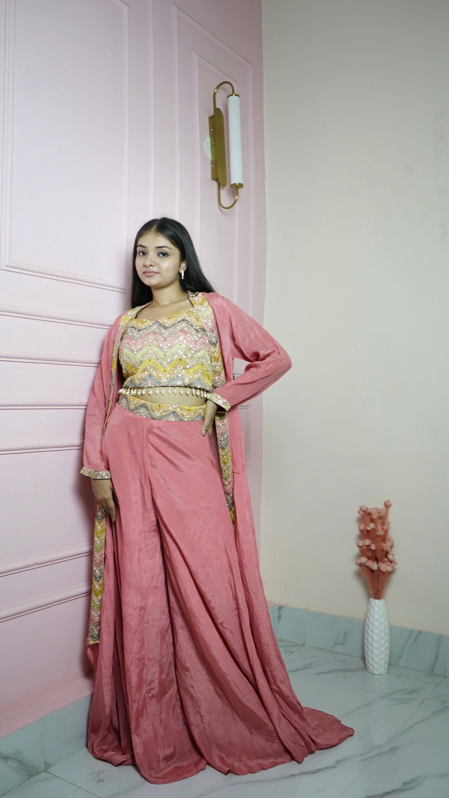 Pink Chinon Sharara Styled Indo Western