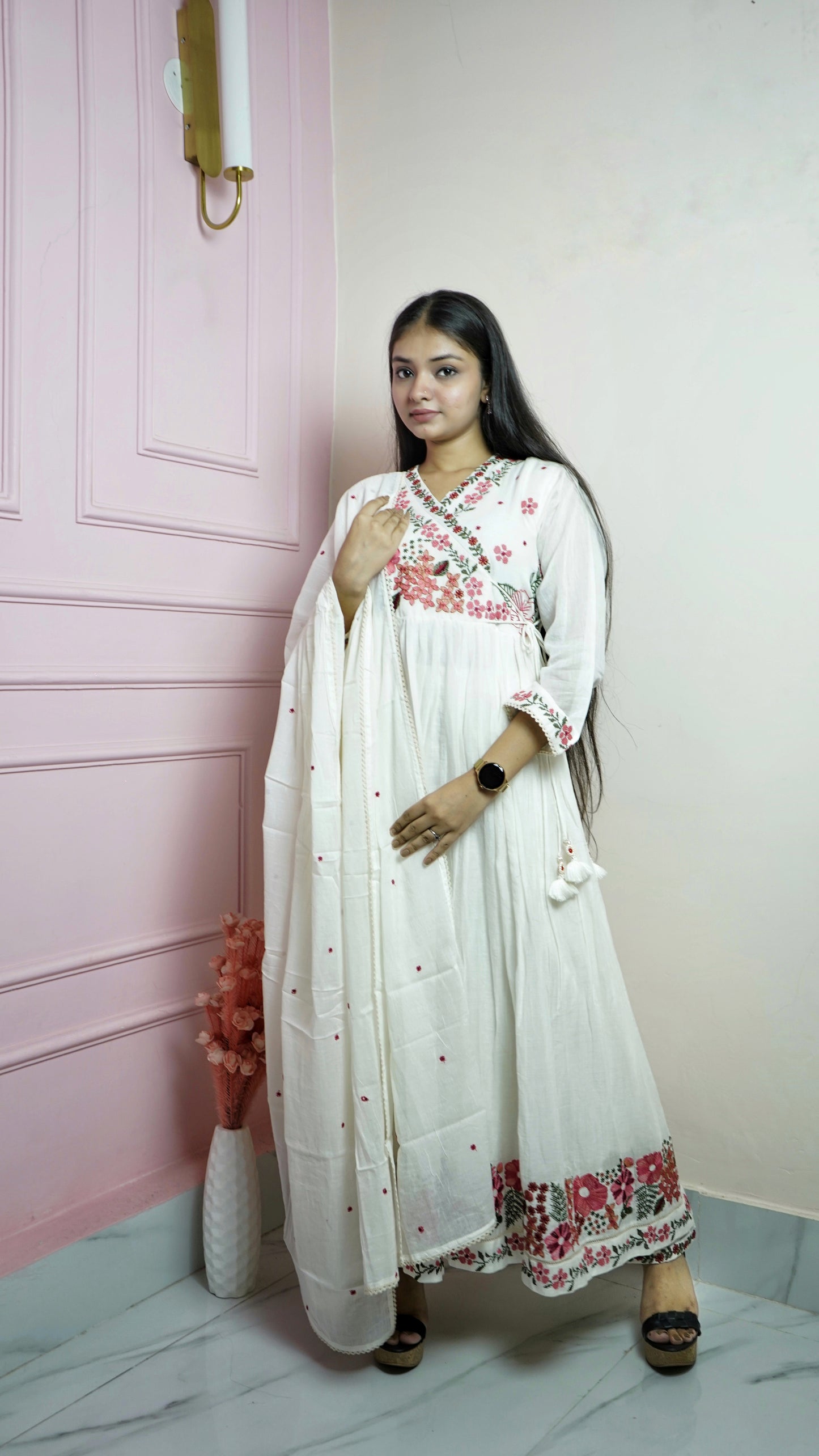 White Mulmul Anarkali Suit Set