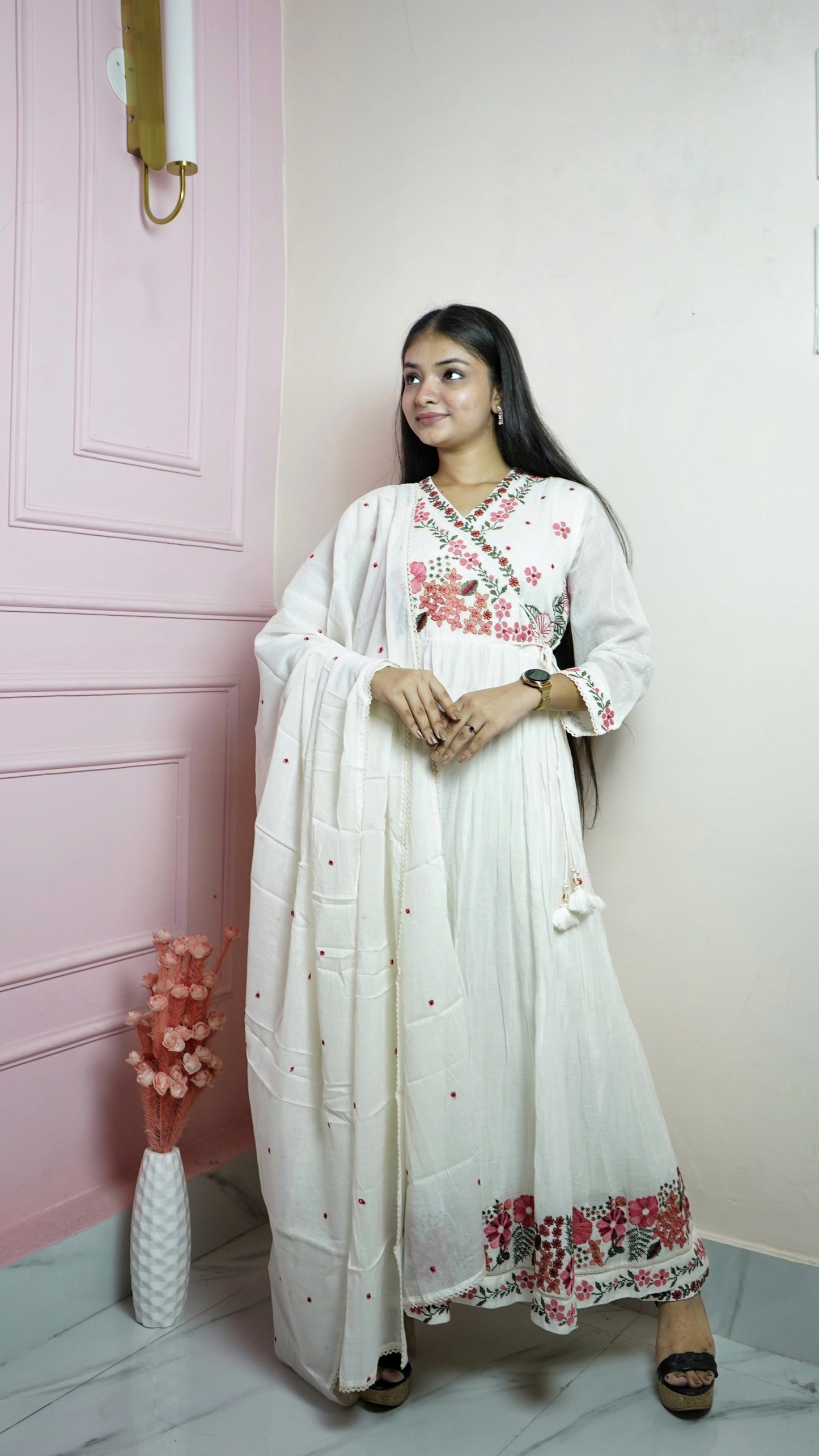 White Mulmul Anarkali Suit Set
