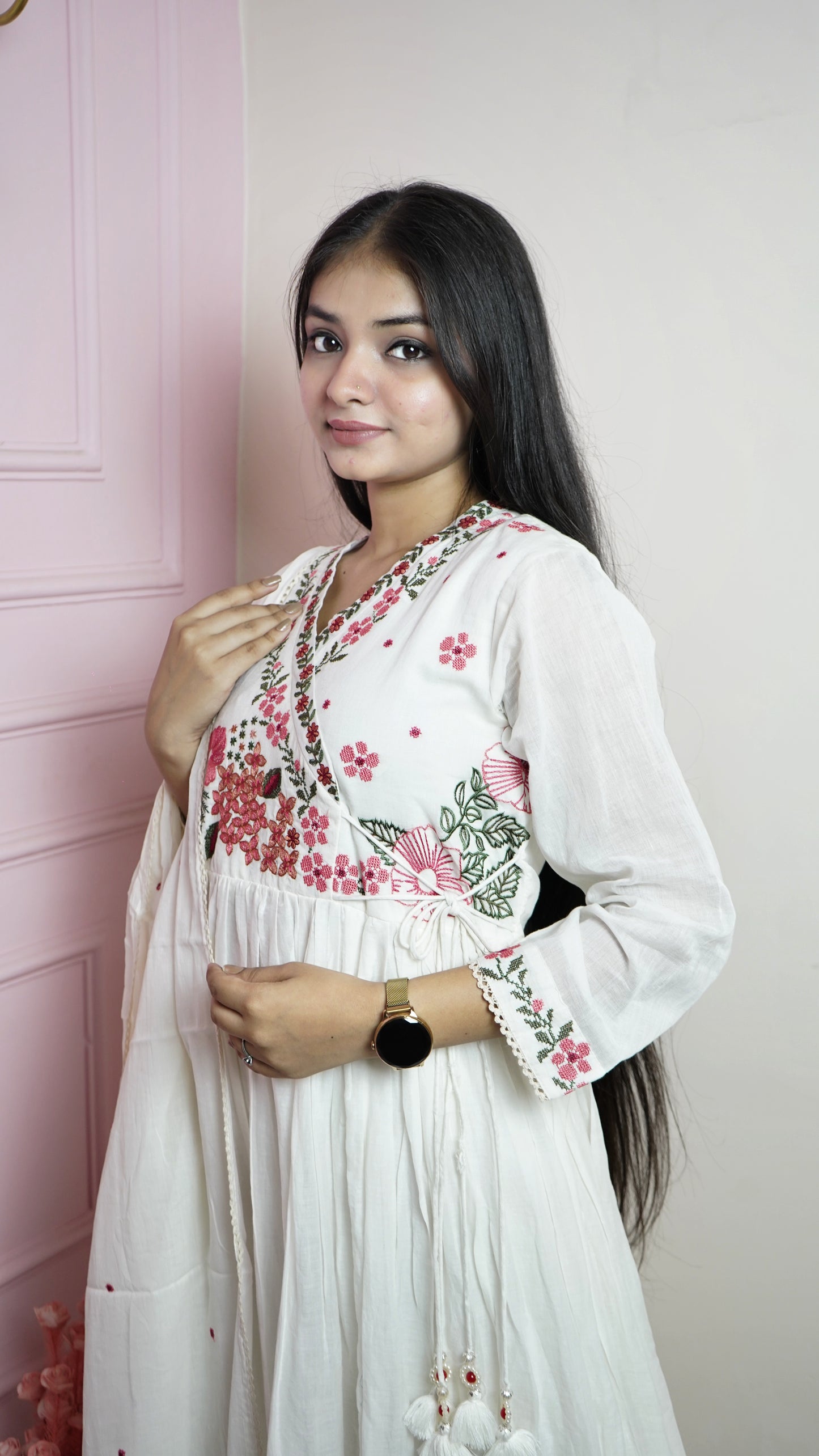White Mulmul Anarkali Suit Set