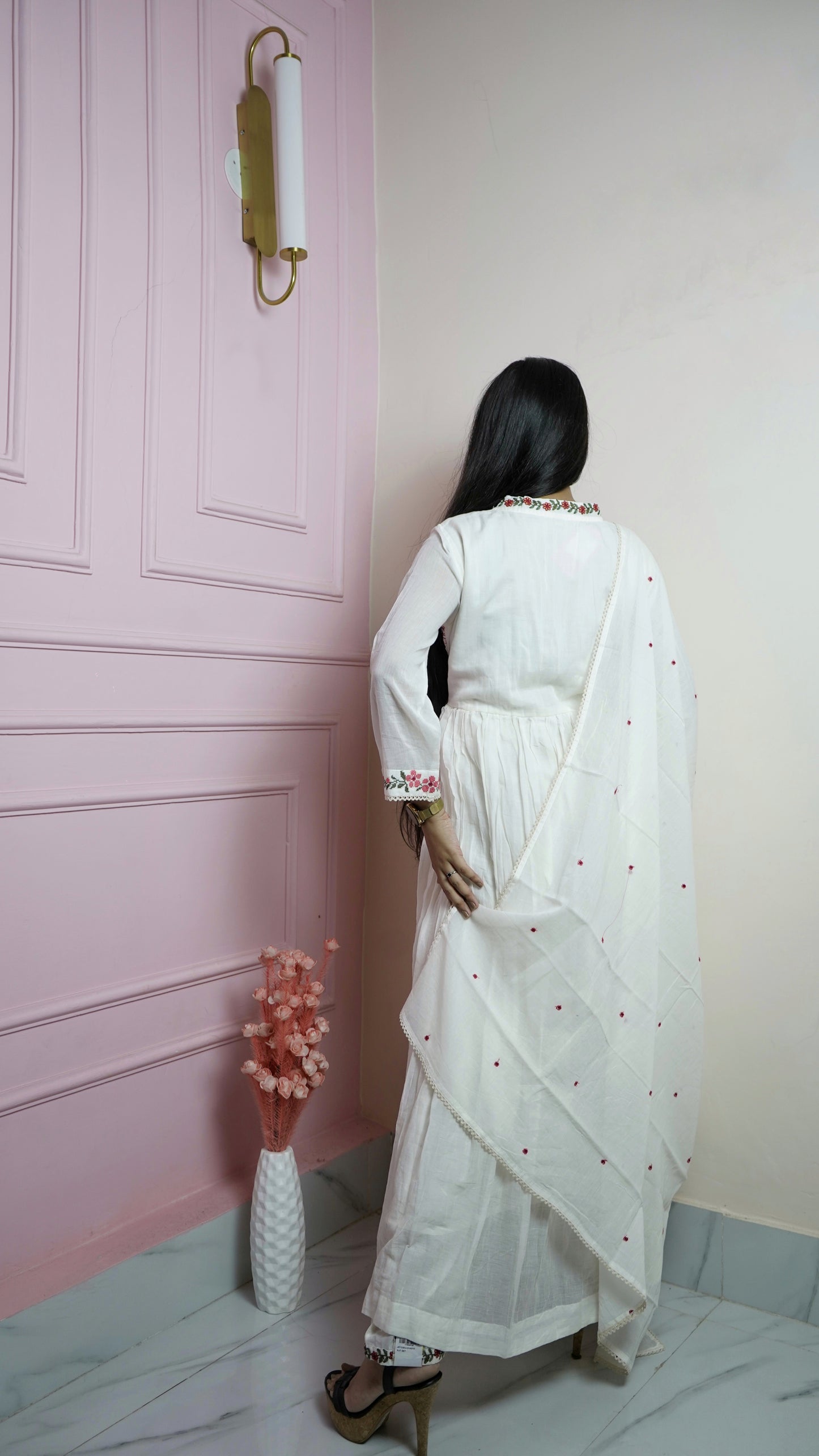White Mulmul Anarkali Suit Set