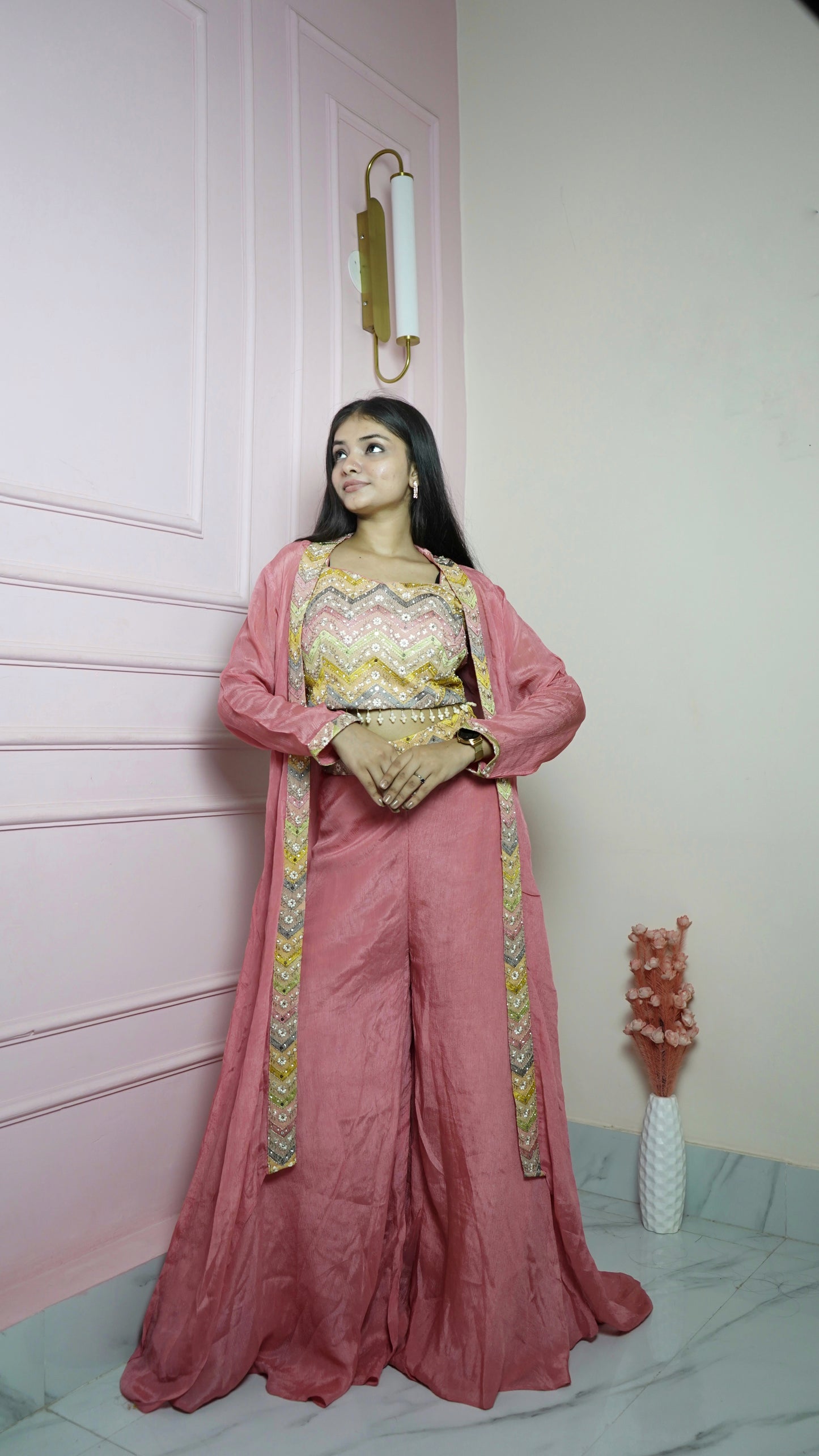 Pink Chinon Sharara Styled Indo Western