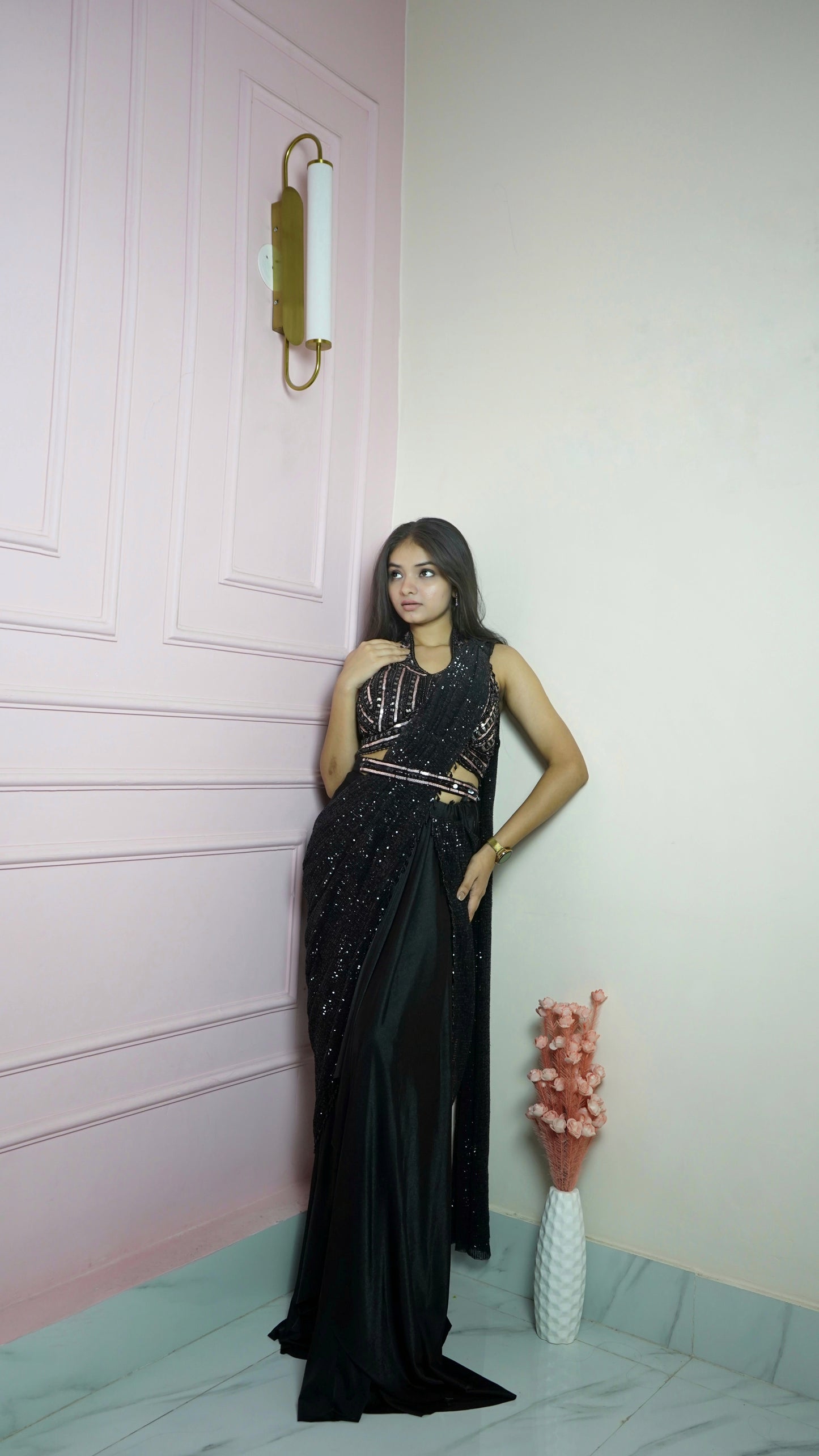 Black Satin Silk Ready To Wear Saree