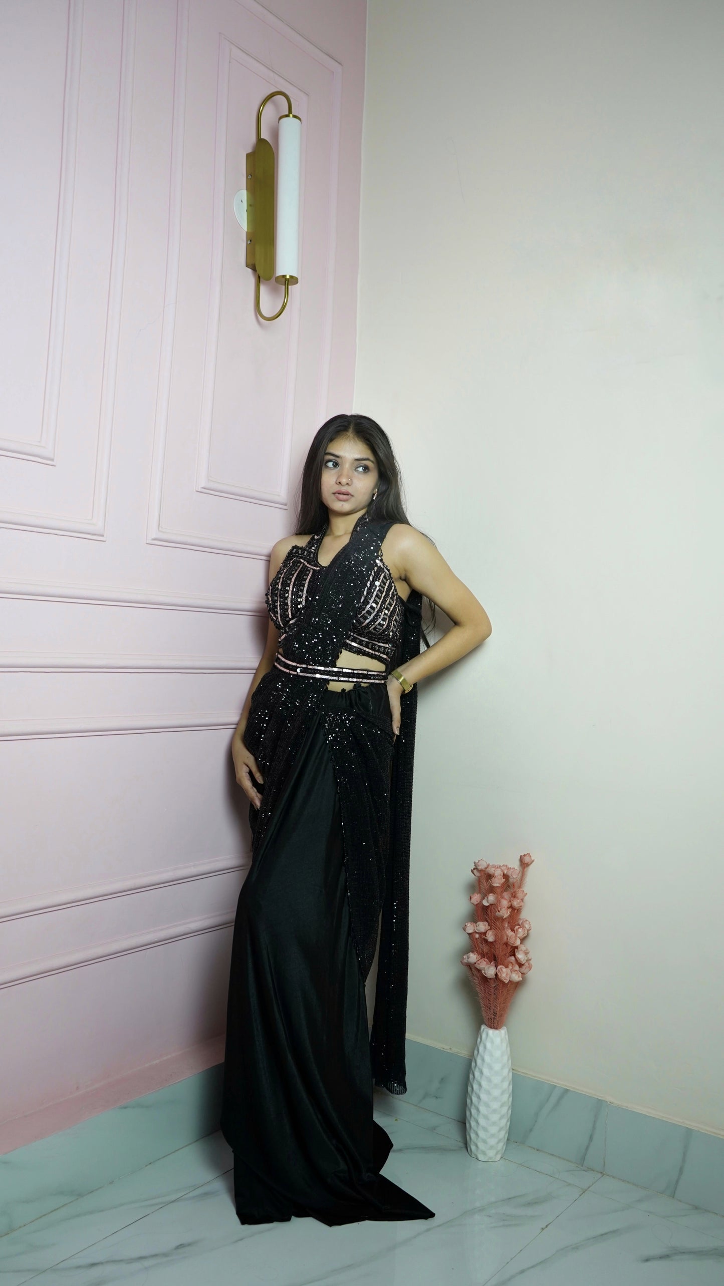 Black Satin Silk Ready To Wear Saree