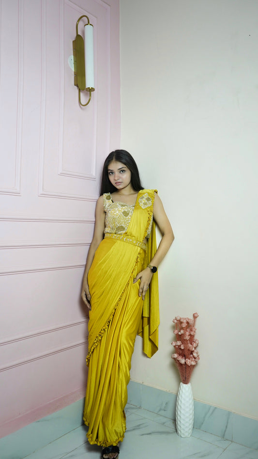 Yellow Satin Silk Ready To Wear Saree