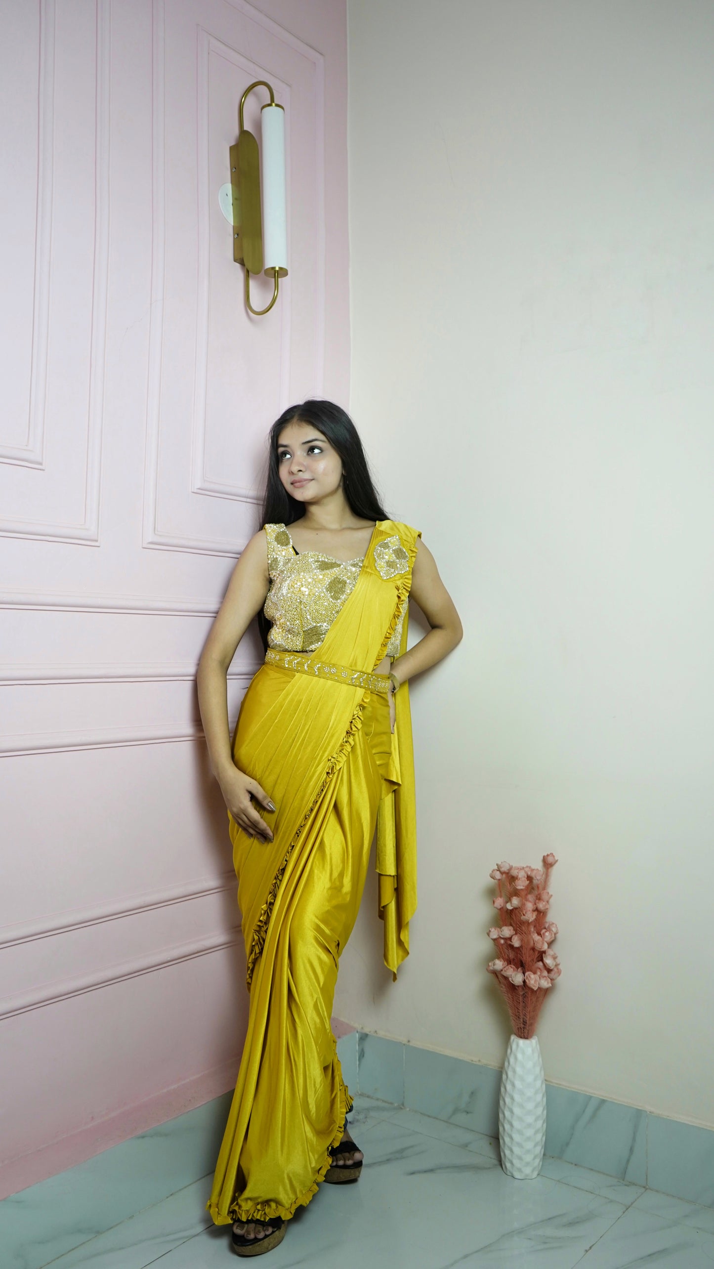 Yellow Satin Silk Ready To Wear Saree