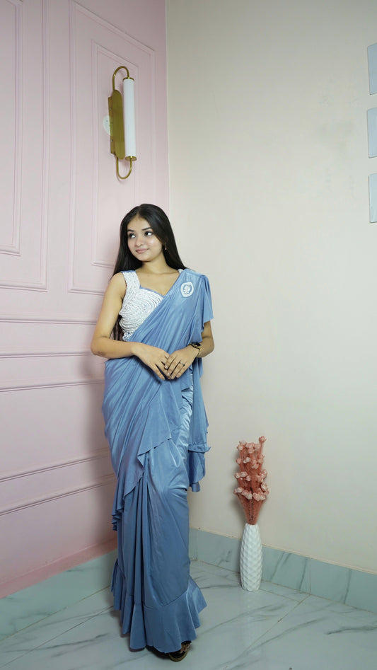 Blue Satin Silk Ready To Wear Saree
