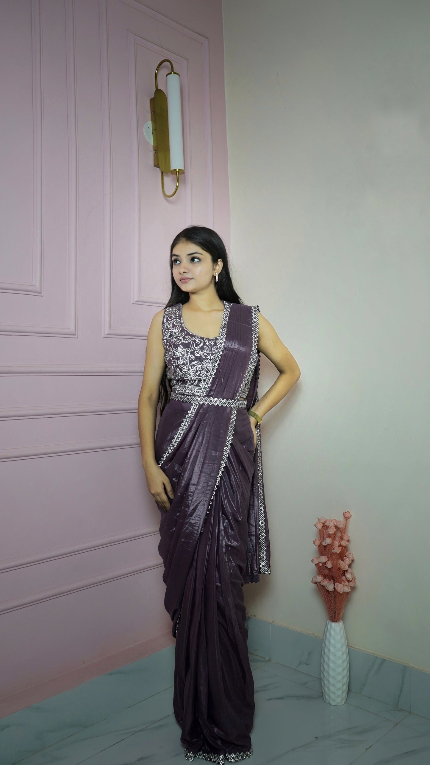 Violet Georgette Ready To Wear Saree