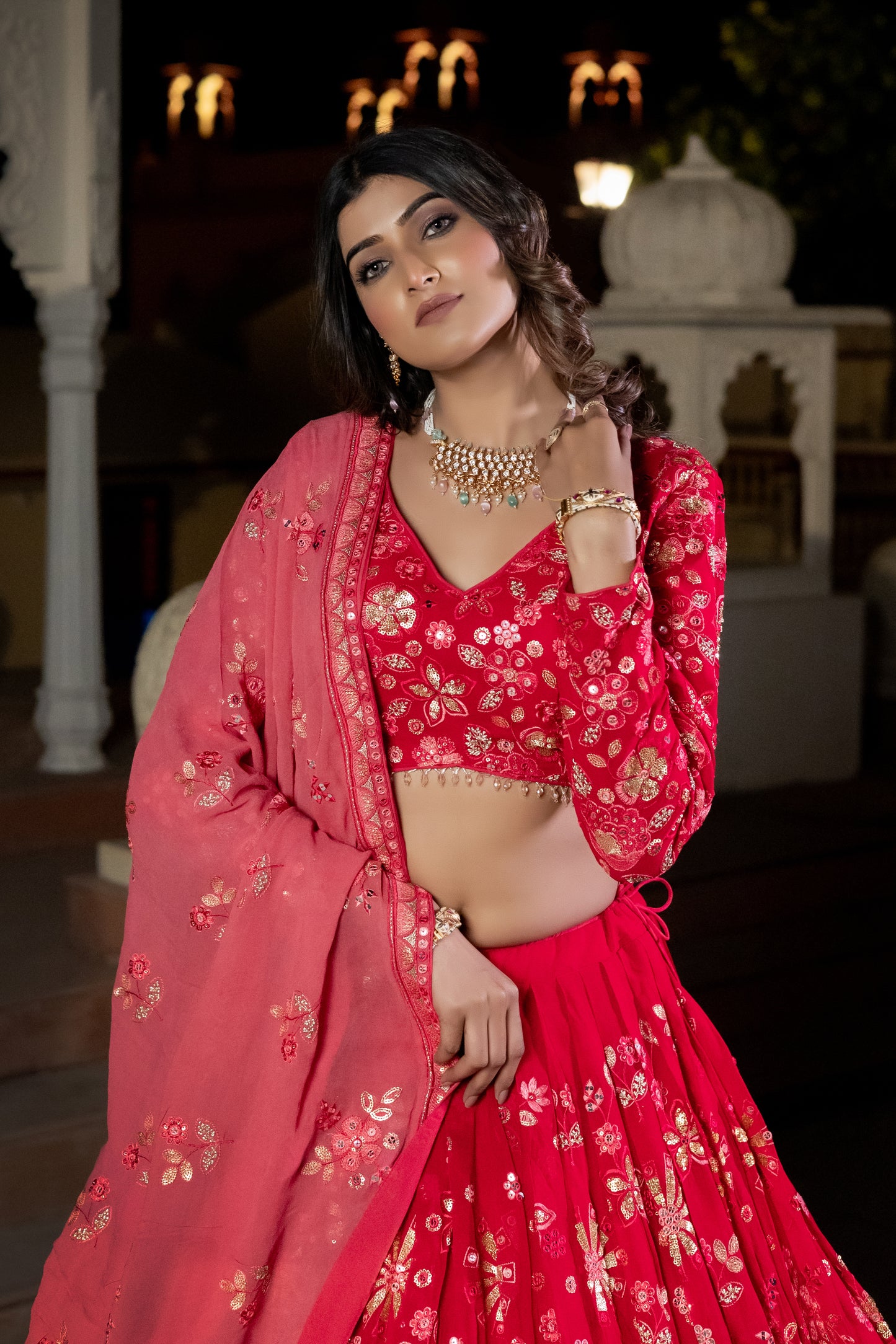 Red Georgette Lehenga with Crop Top