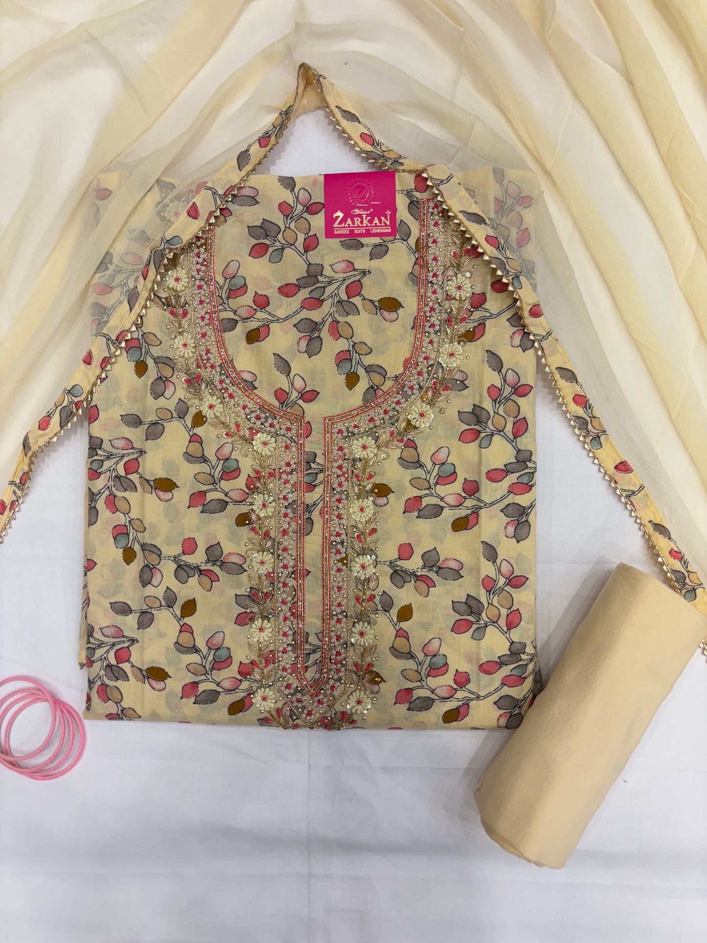 Pastel Yellow Printed Cotton Dress Material