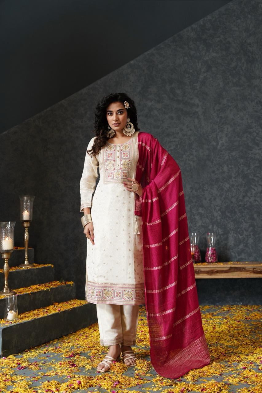Cream Banarasi Tissue Crepe Suit Set - Zarkan