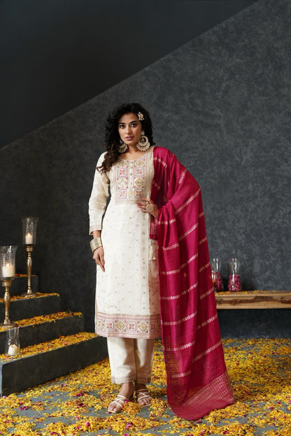 Cream Banarasi Tissue Crepe Suit Set - Zarkan